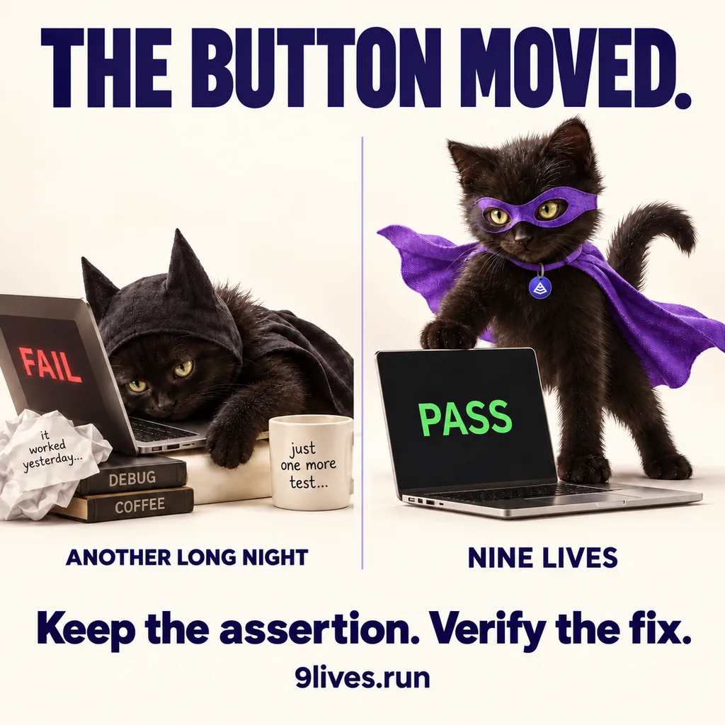 Two black kitten superheroes: exhausted beside a failing test, then confident beside a passing re-run.