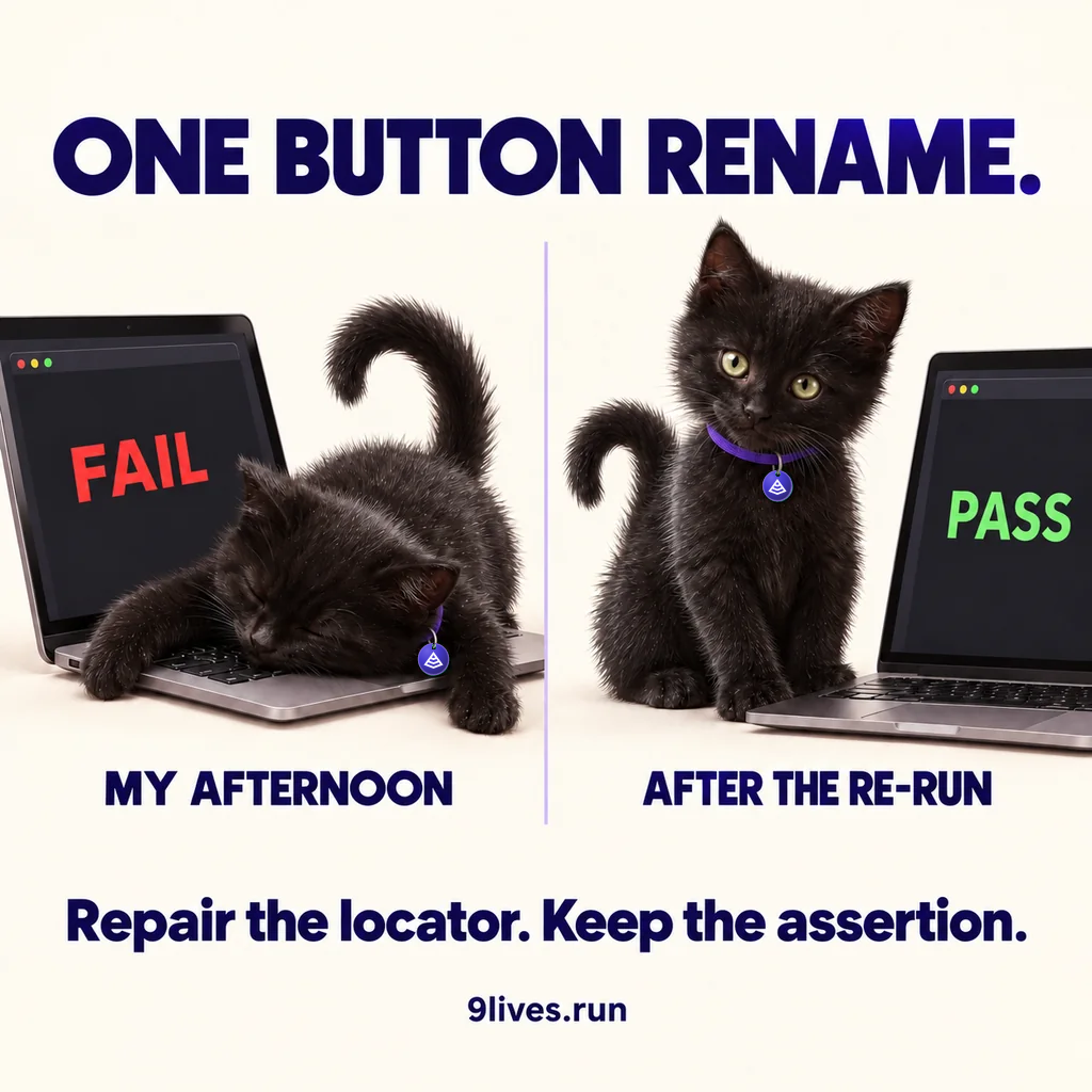 Two black kittens: exhausted beside a FAIL laptop, then calm beside a PASS laptop after the re-run.