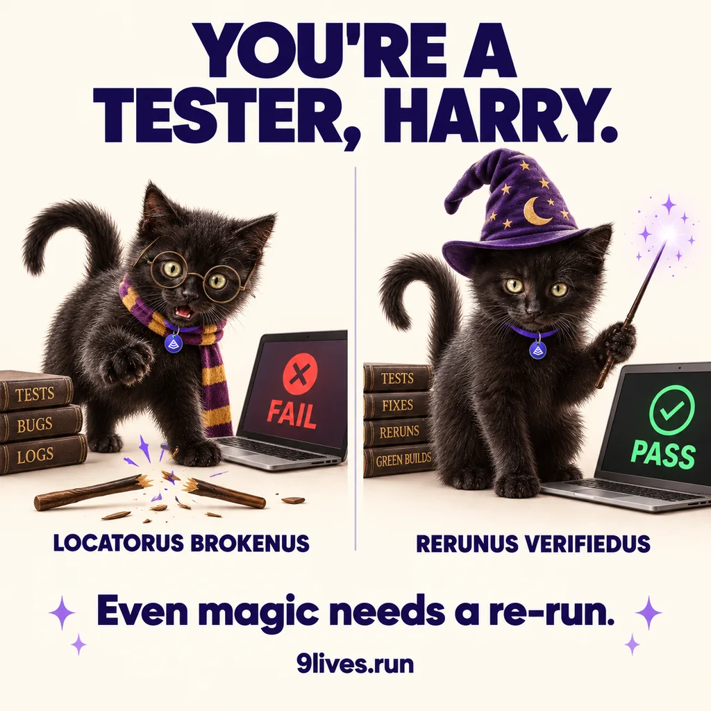 A black kitten wizard confronts a failed test, then celebrates a passing re-run. Locatorus Brokenus / Rerunus Verifiedus.