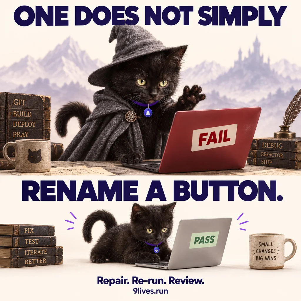 A black kitten in a wizard cloak raises a paw beside a FAIL laptop, with a smaller passing re-run below.
